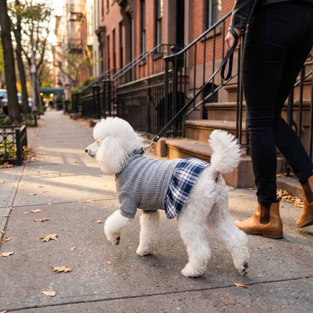 Cozy Plaid Dog Dress on a poodle, featuring a soft knit top and stylish plaid skirt, perfect for fall walks.