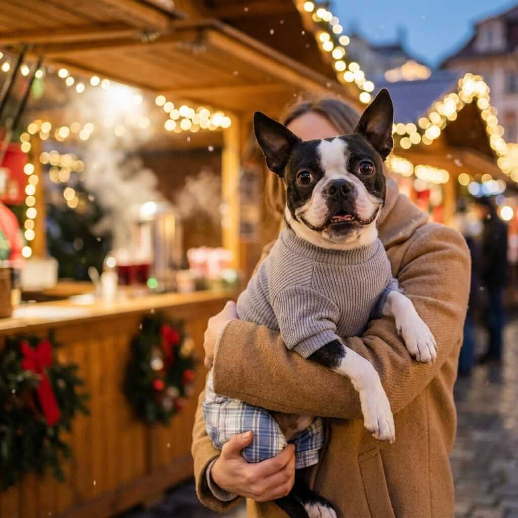 Cozy Plaid Dog Dress on a happy dog being held, featuring warm knit top and stylish plaid skirt, perfect for fall.