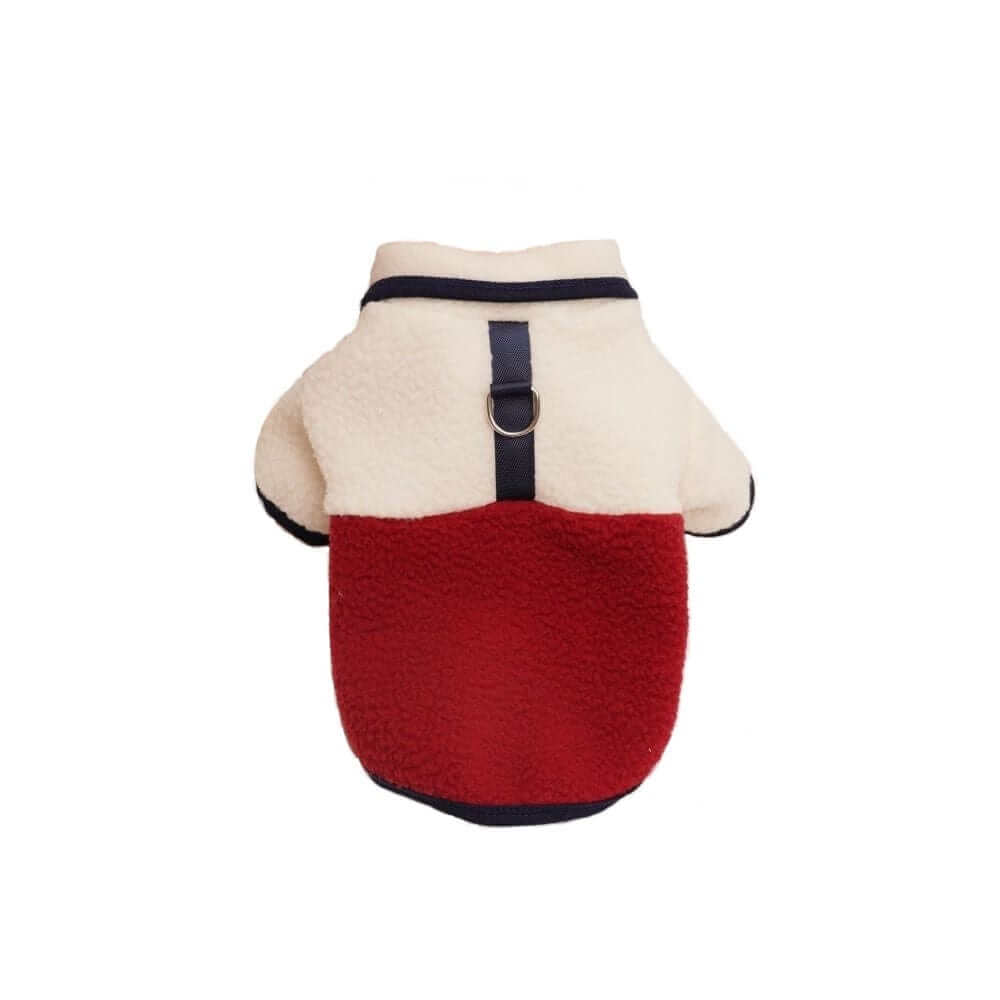 Cozy Spring & Fall Fleece Dog Jacket in beige and red, perfect for small dogs, lightweight comfort by Dogs & Cats.