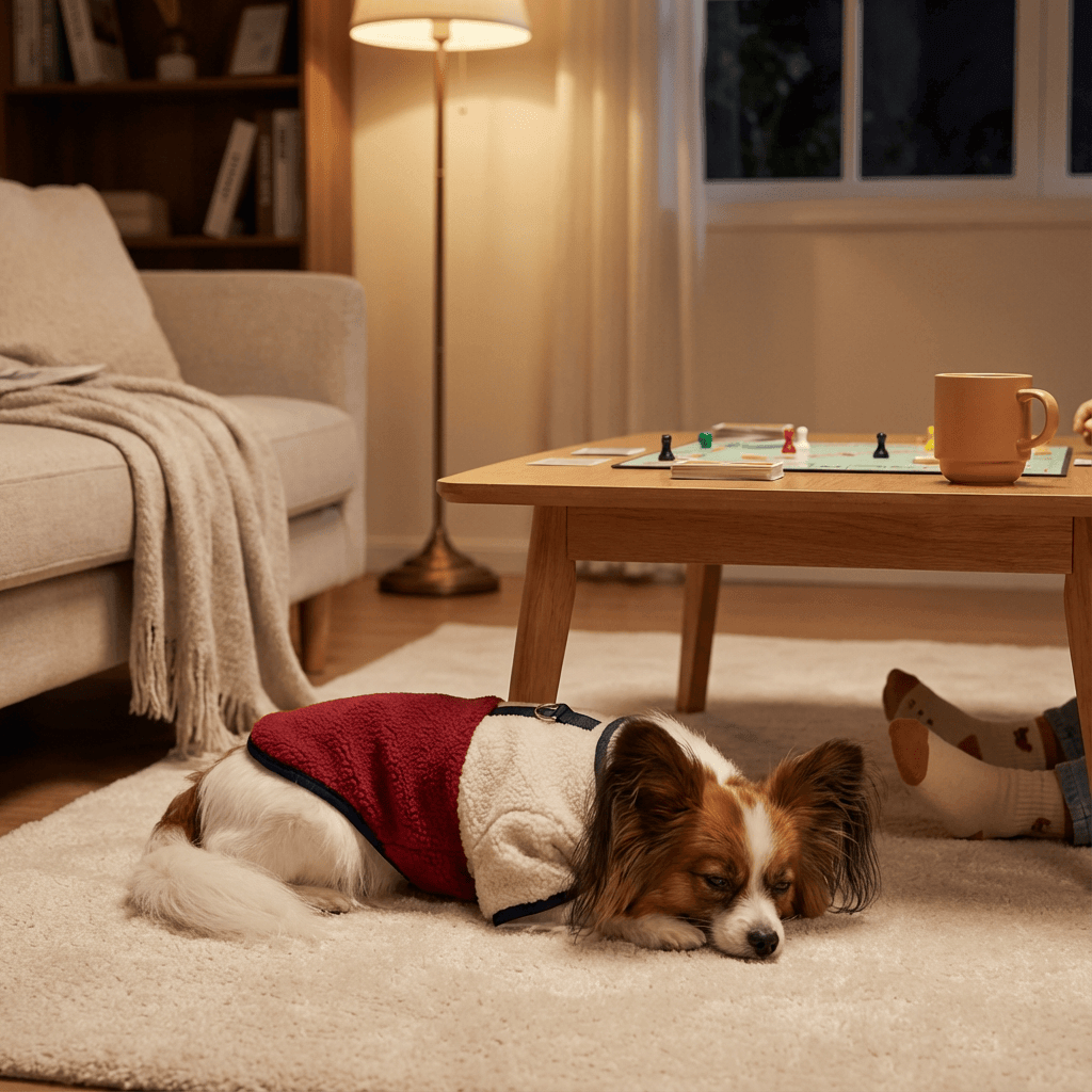 Cozy Spring & Fall Fleece Dog Jacket on a sleeping dog indoors, featuring warmth and comfort for dogs and cats.