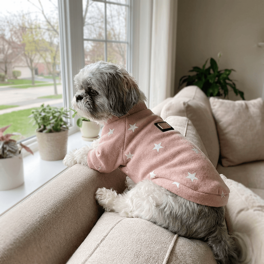Cozy Star-Print Dog Pullover on a dog by the window, featuring a star pattern, keeping pets stylish and warm.