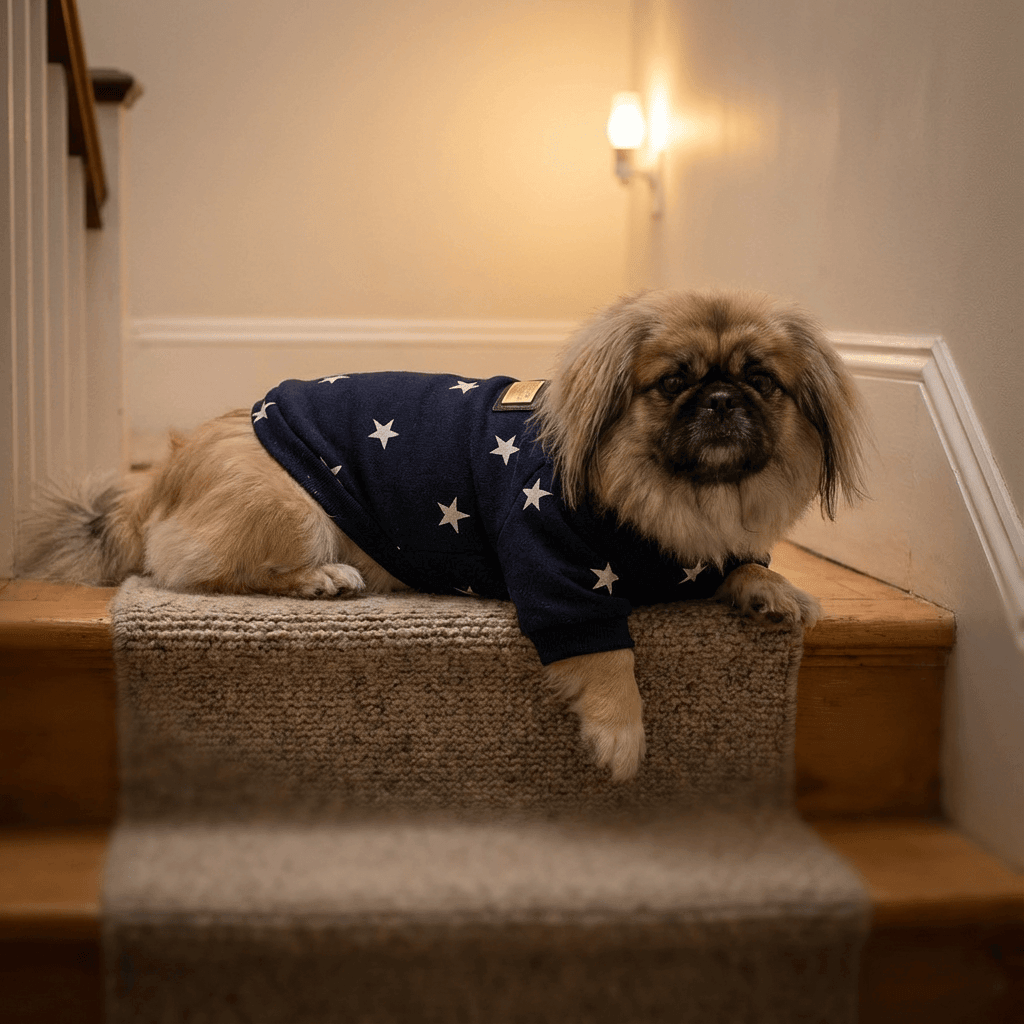 Cozy Star-Print Dog Pullover on a dog lounging on stairs, featuring a star pattern for warmth and style.