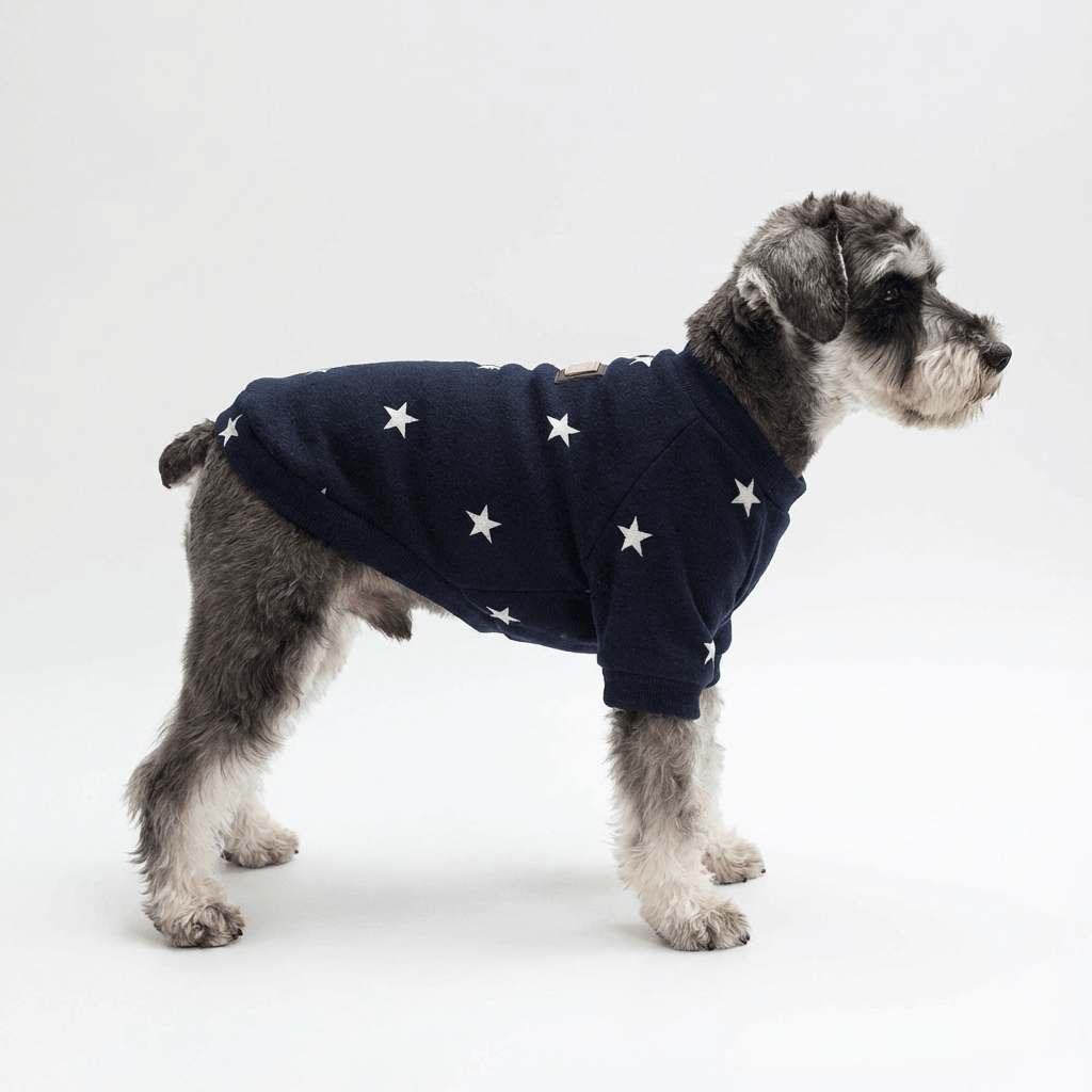 Cozy Star-Print Dog Pullover on a stylish dog, featuring a star pattern, warm design for dogs and cats by brand Dogs & Cats.