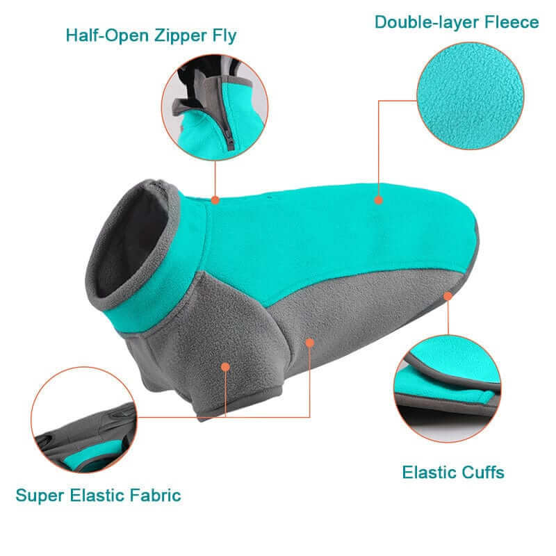 CozyPaws Stretchy Dog Sweater features half-open zipper fly, double-layer fleece, super elastic fabric, and elastic cuffs.
