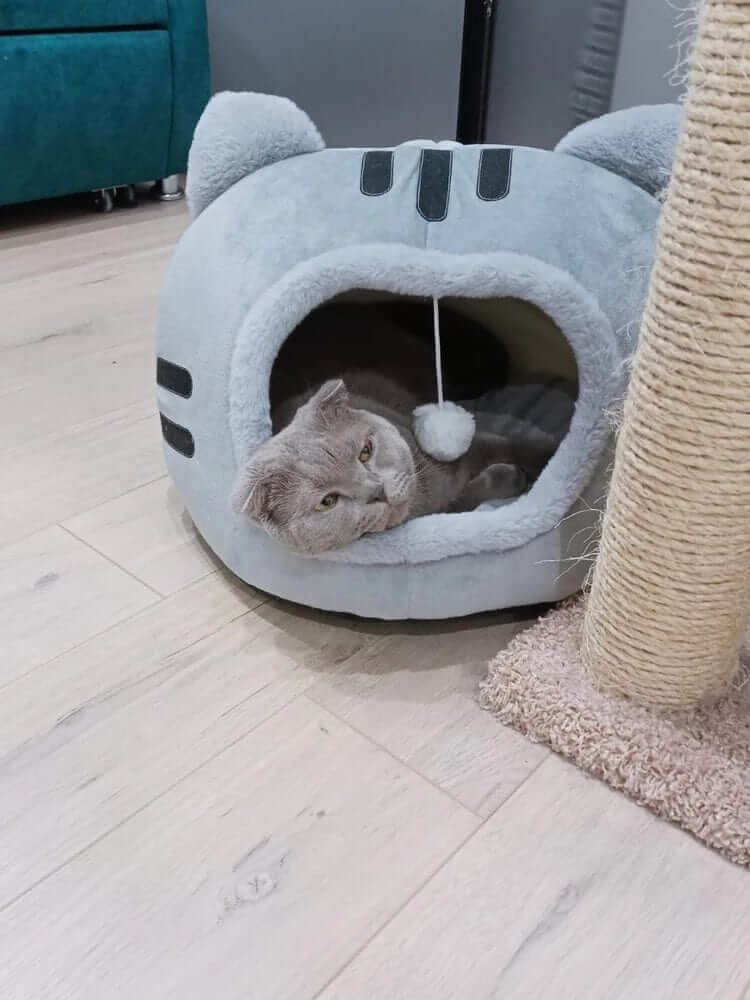 CozyCave Winter Cat Bed for cats and small dogs featuring a soft, insulated interior and secure, tent-like structure.