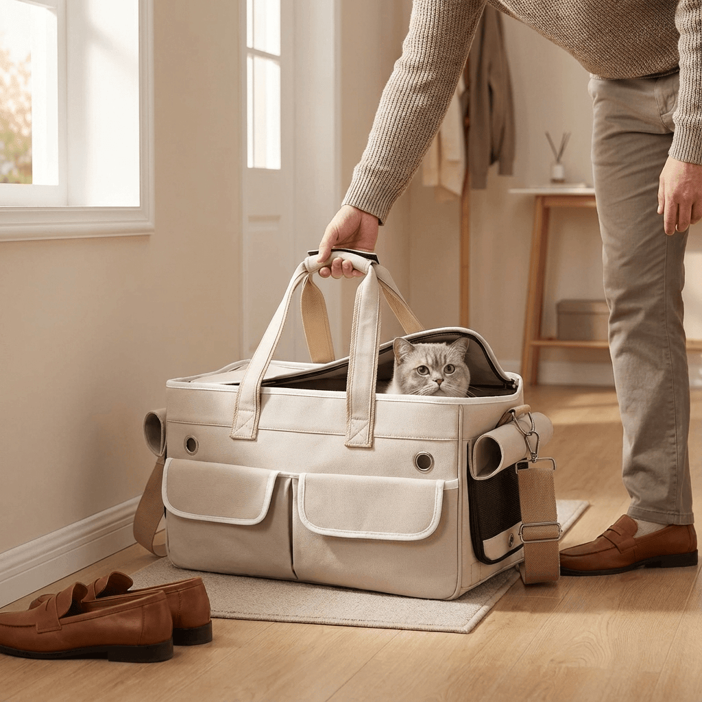 CozyCloud Soft-Sided Pet Carrier with cat being placed inside for safe travel comfort.