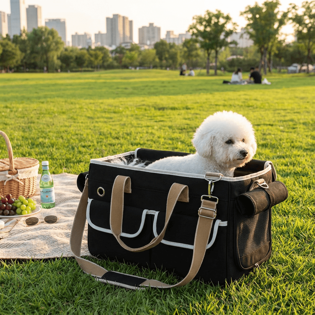 CozyCloud Soft-Sided Pet Carrier with a small dog relaxing in a park, perfect for travel with dogs & cats.