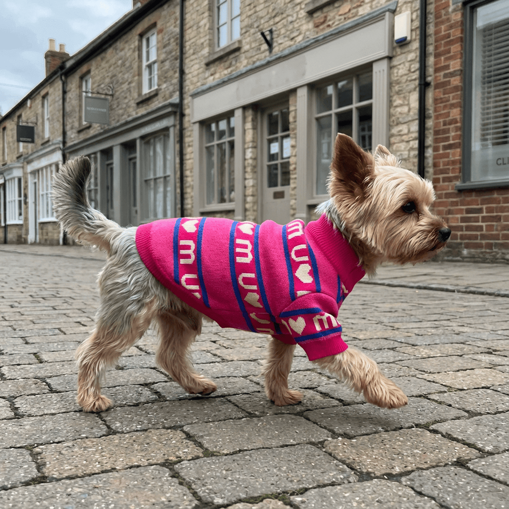 CozyLayer Dog Sweater on a Yorkshire Terrier walking outside, showcasing double-layer warmth and style.
