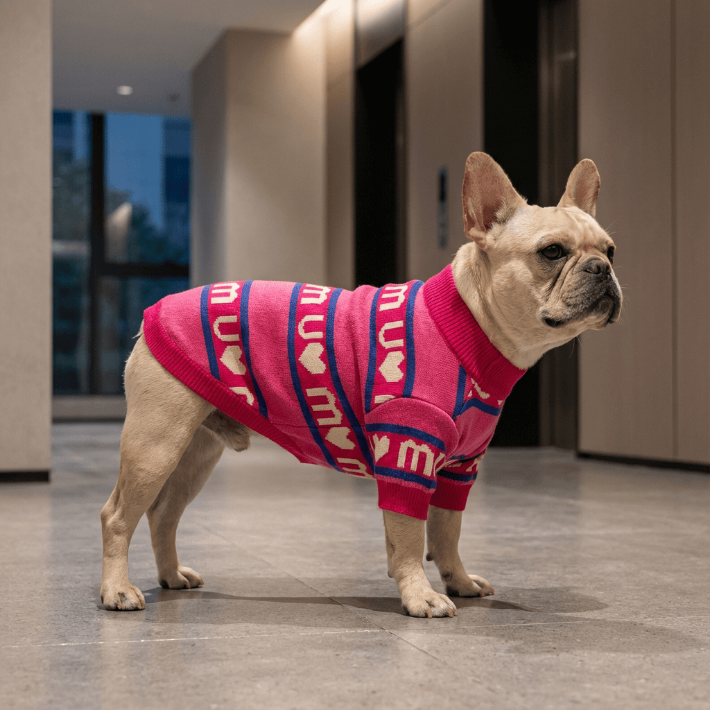 CozyLayer Dog Sweater on a French Bulldog, stylish warm design for dogs from Dogs & Cats brand.