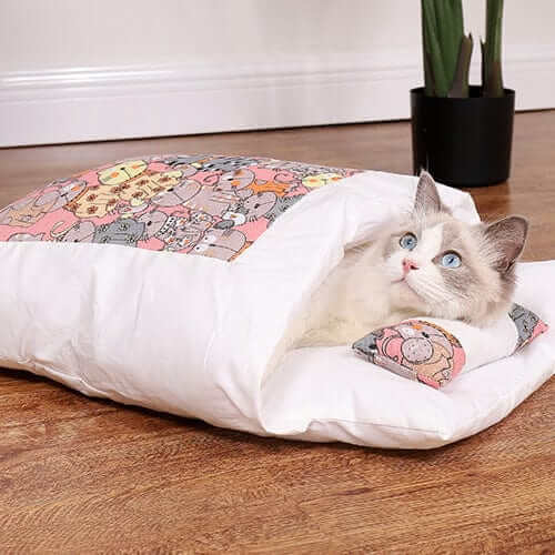 CozyNest Washable Cat Bed with playful design, semi-enclosed for cats, soft plush material for ultimate comfort.