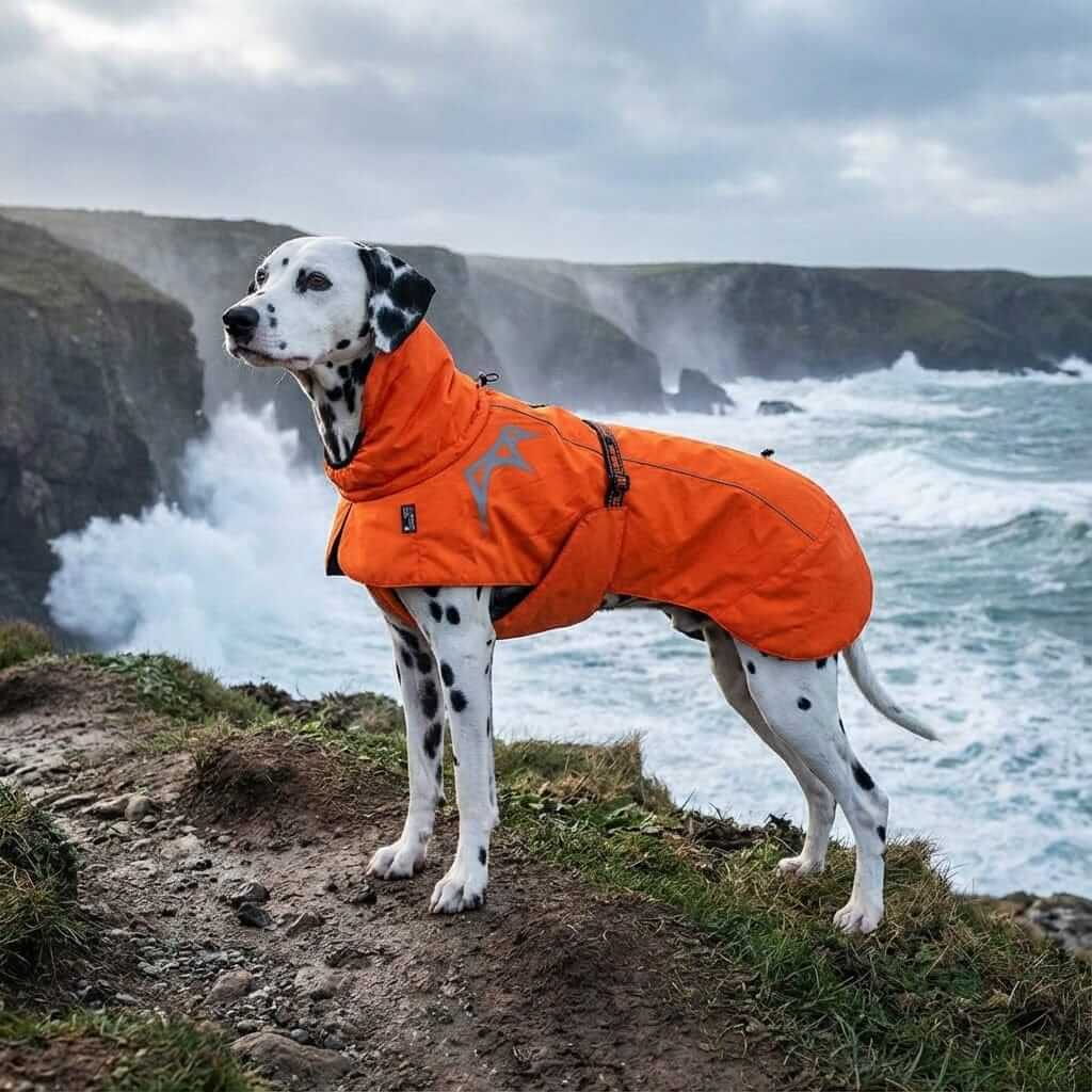 CozyShield Winter Dog Coat on a Dalmatian dog, featuring waterproof and windproof materials for extreme winter conditions.