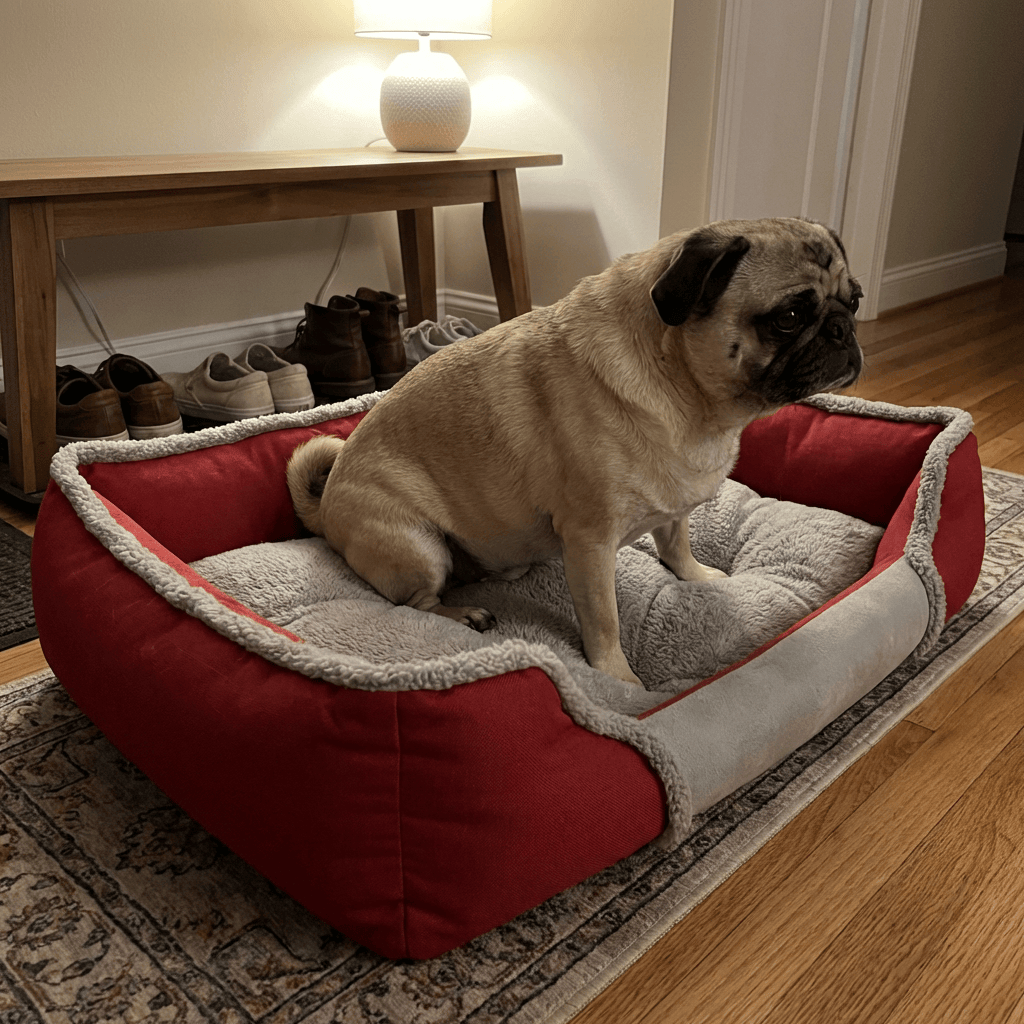Creative Square Warm Winter Dog Bed with a pug sitting comfortably, showcasing its soft material and cozy design for dogs & cats.