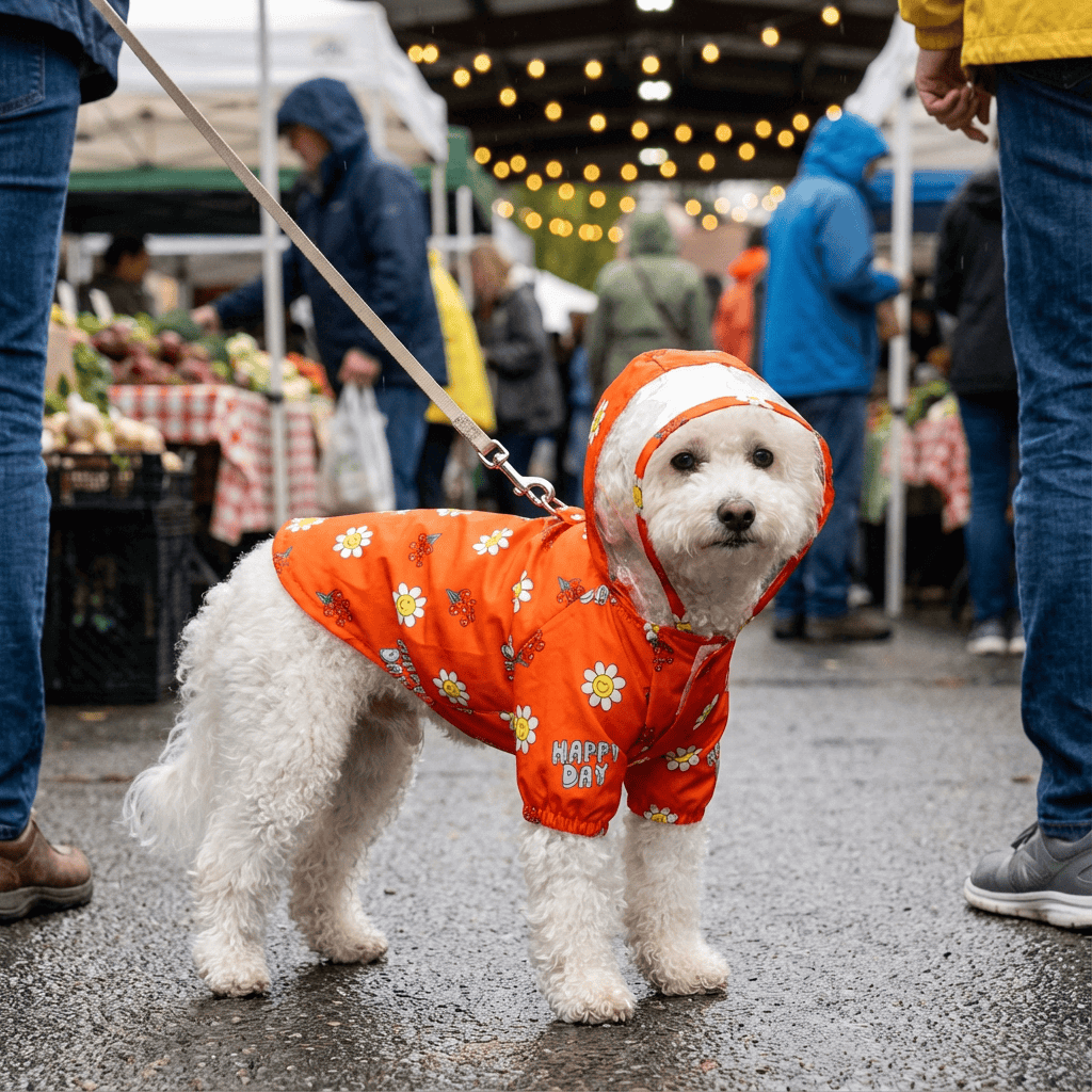 Crystal Clear Hooded Dog Raincoat on a small dog at a market, featuring a bright orange floral design.