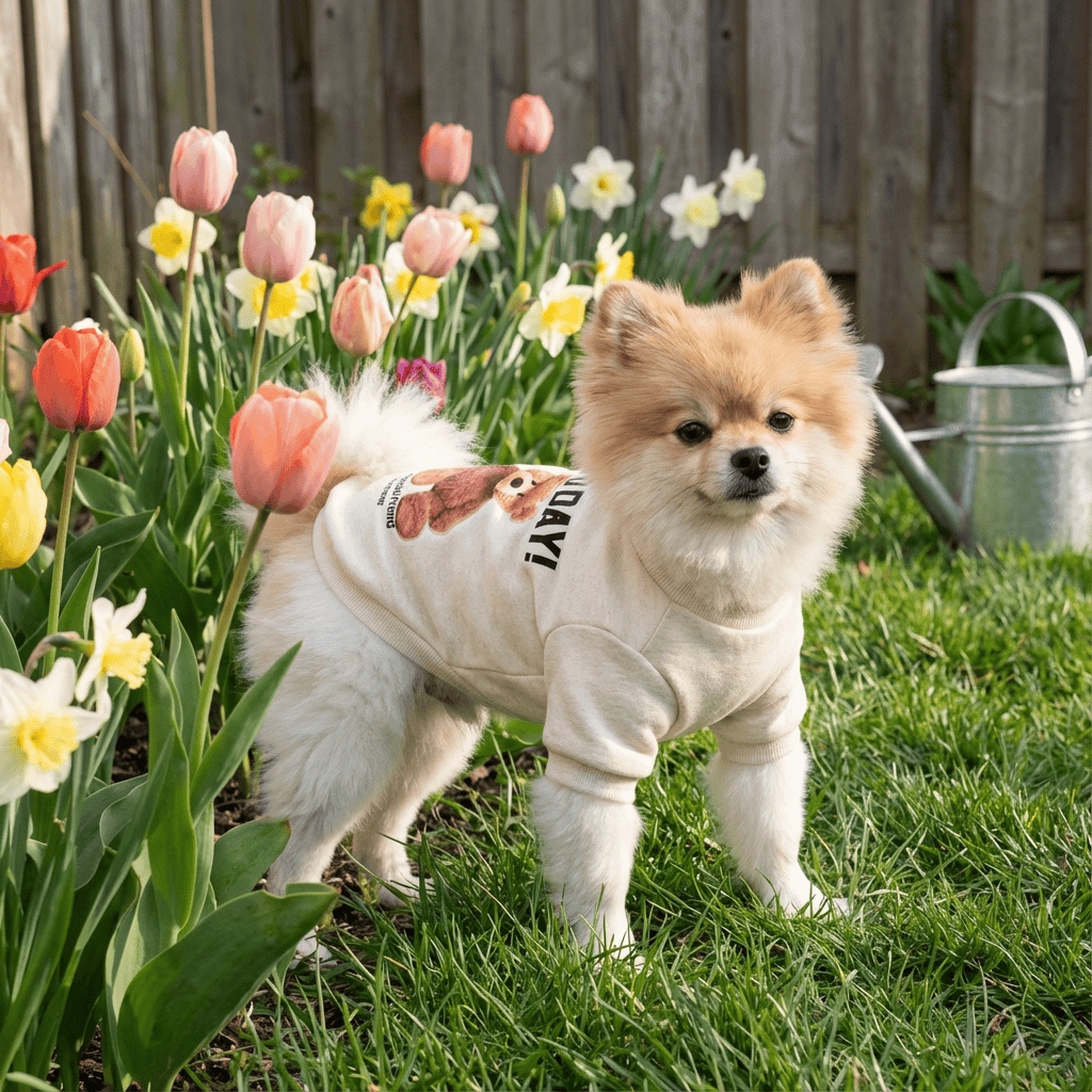 CuddleBear Pet Sweater on a small Pomeranian in a garden, showcasing warmth and style for Dogs & Cats.