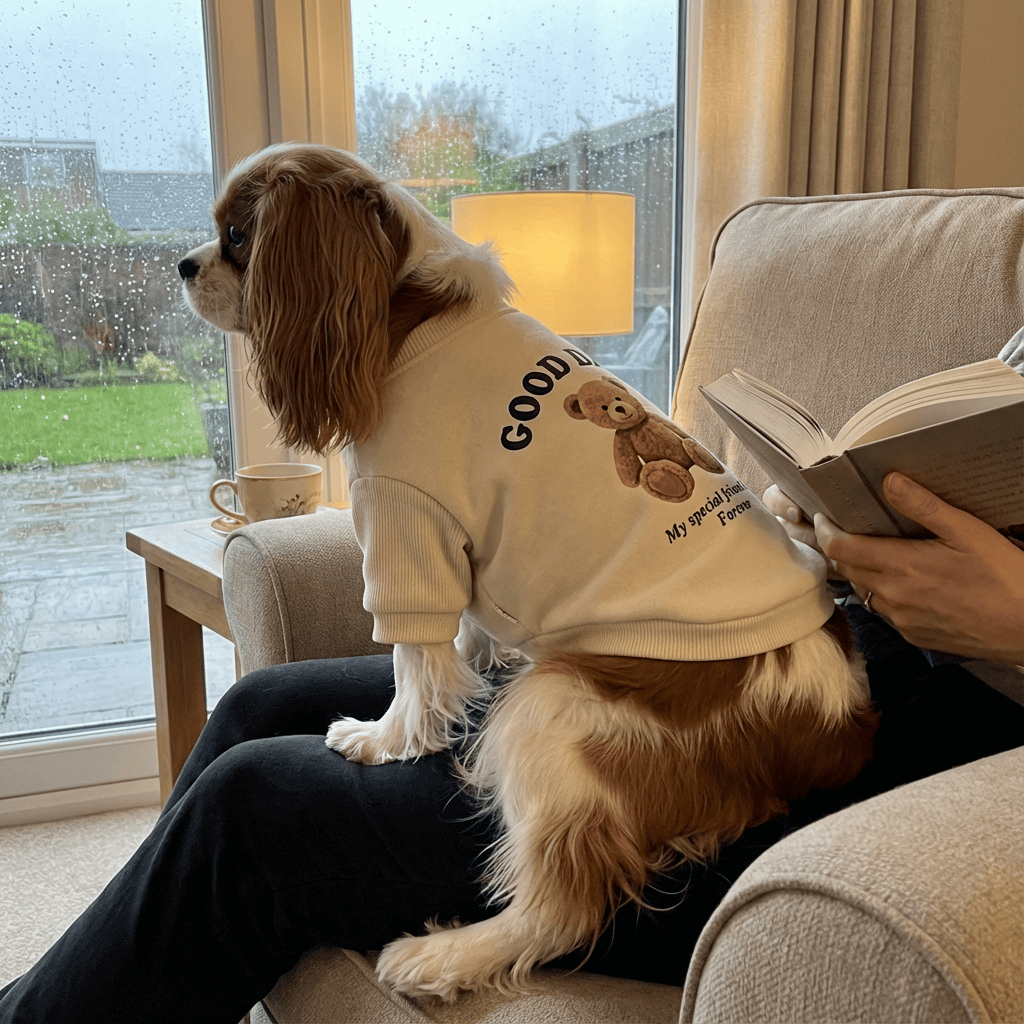 CuddleBear Pet Sweater on a dog sitting on a person's lap, providing warmth and style, perfect for dogs and cats.