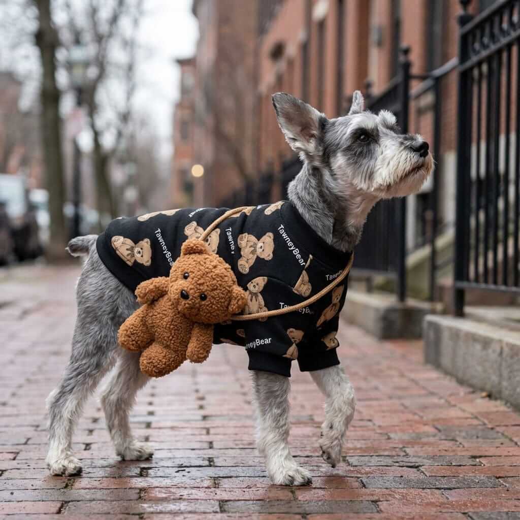 Cuddly Bear Backpack And Sweater worn by a stylish dog, featuring a cozy design and breathable cotton material from Dogs & Cats.