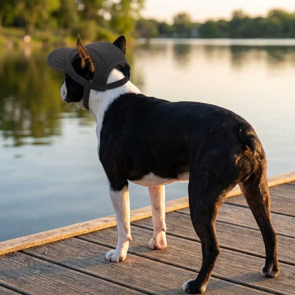 Cut Out Dog Baseball Cap worn by a dog by the lake, adjustable strap, ultra-soft lining, Dogs & Cats brand accessory.