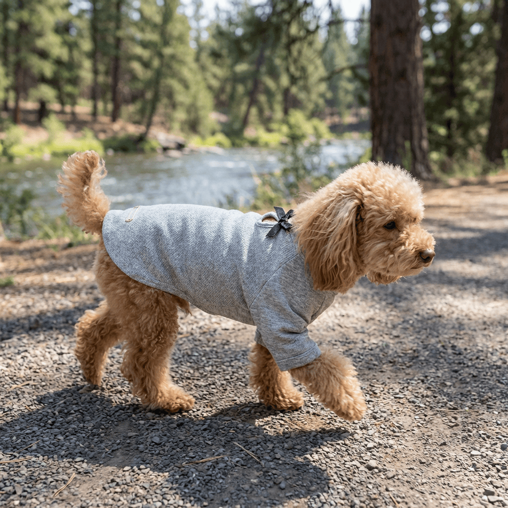 Cute & Comfortable Bow Tie Pet T-shirt on a golden doodle walking by a river, showcasing its breathable design and adorable style.