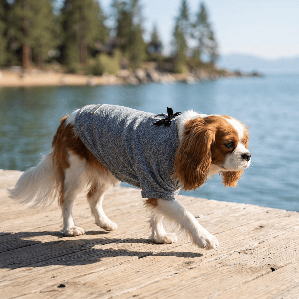 Cute & Comfortable Bow Tie Pet T-shirt on a dog by the water, showcasing its breathable design and adorable look.