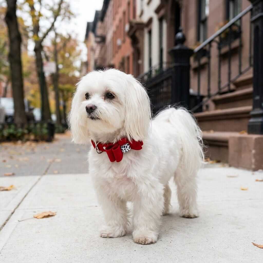 Dog collar made of flannelette with bow tie on a cute white dog standing outdoors.