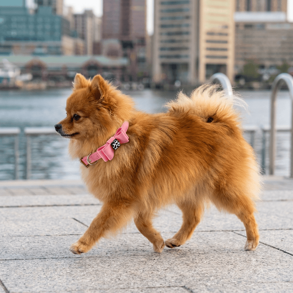 Dog collar made of flannelette with bow tie on a Pomeranian walking by the water.