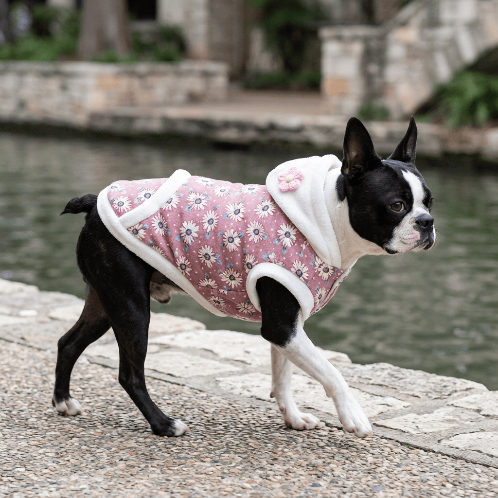Daisy Flower Two-legged Dog Coat on a Boston Terrier walking by the water, featuring hood and floral design.
