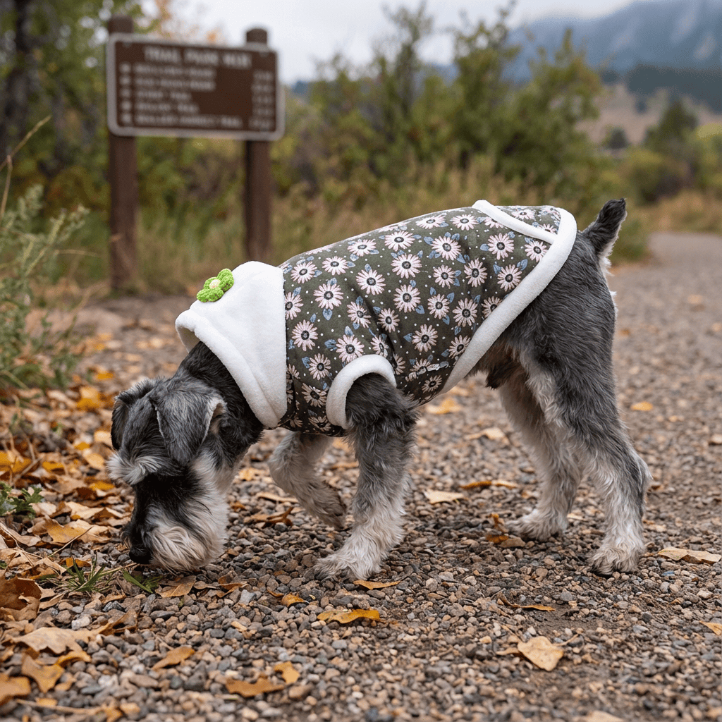 Daisy Flower Two-legged Dog Coat on a Schnauzer, featuring a breathable hood and flower design, perfect for winter comfort.