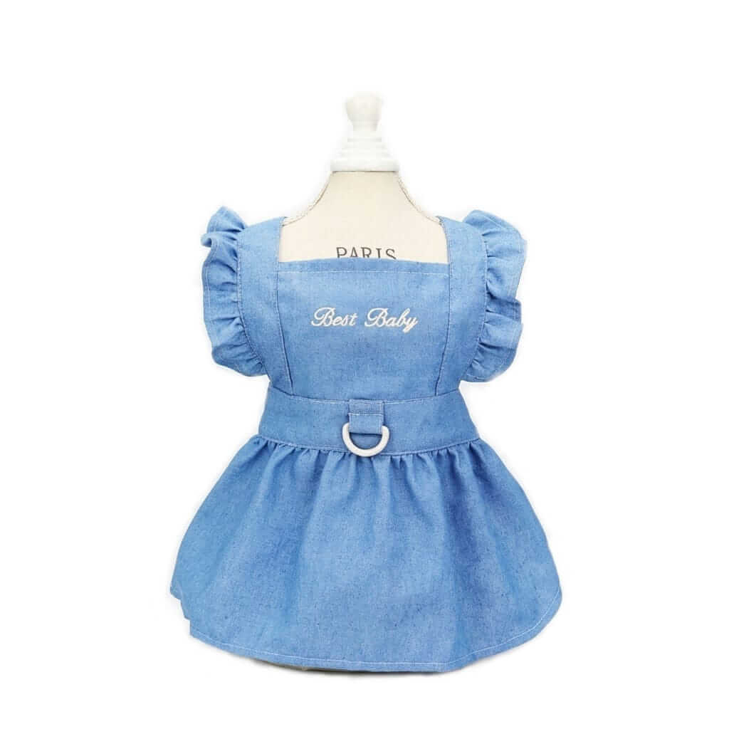 Denim Dog Dress Harness featuring a stylish blue design, secure fit, ideal for small dogs and Cats brand name.