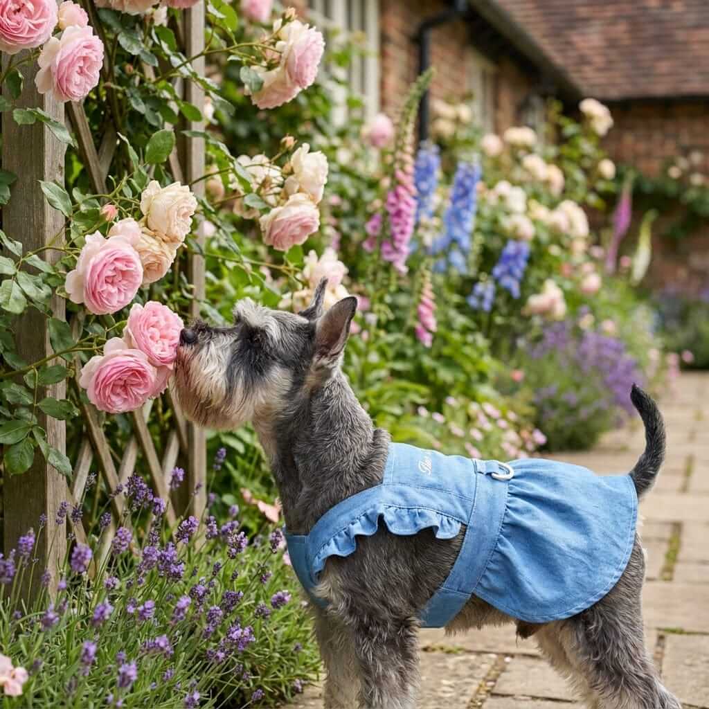 Denim Dog Dress Harness on a small dog sniffing flowers in a garden, highlighting style and function for Dogs & Cats.