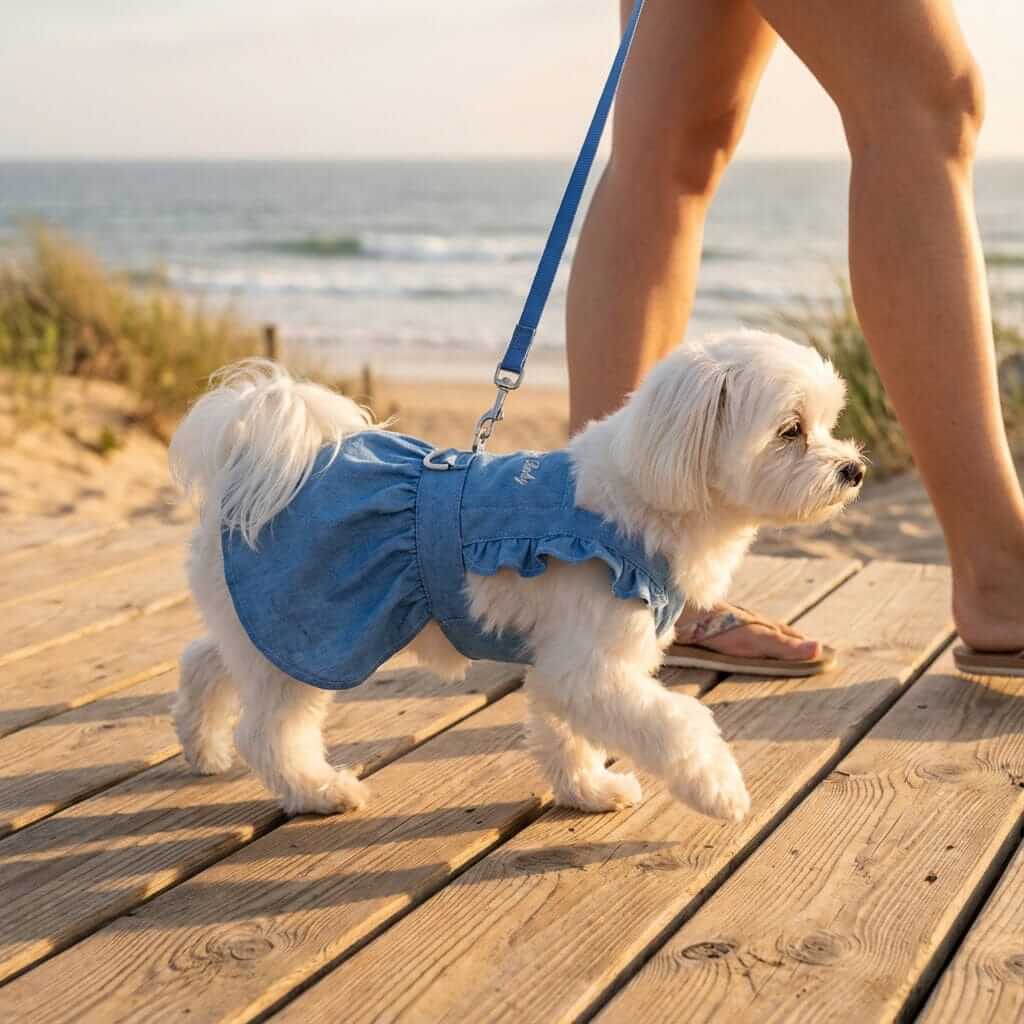 Denim Dog Dress Harness on a small dog enjoying a beach walk, featuring stylish denim material and a comfortable fit.