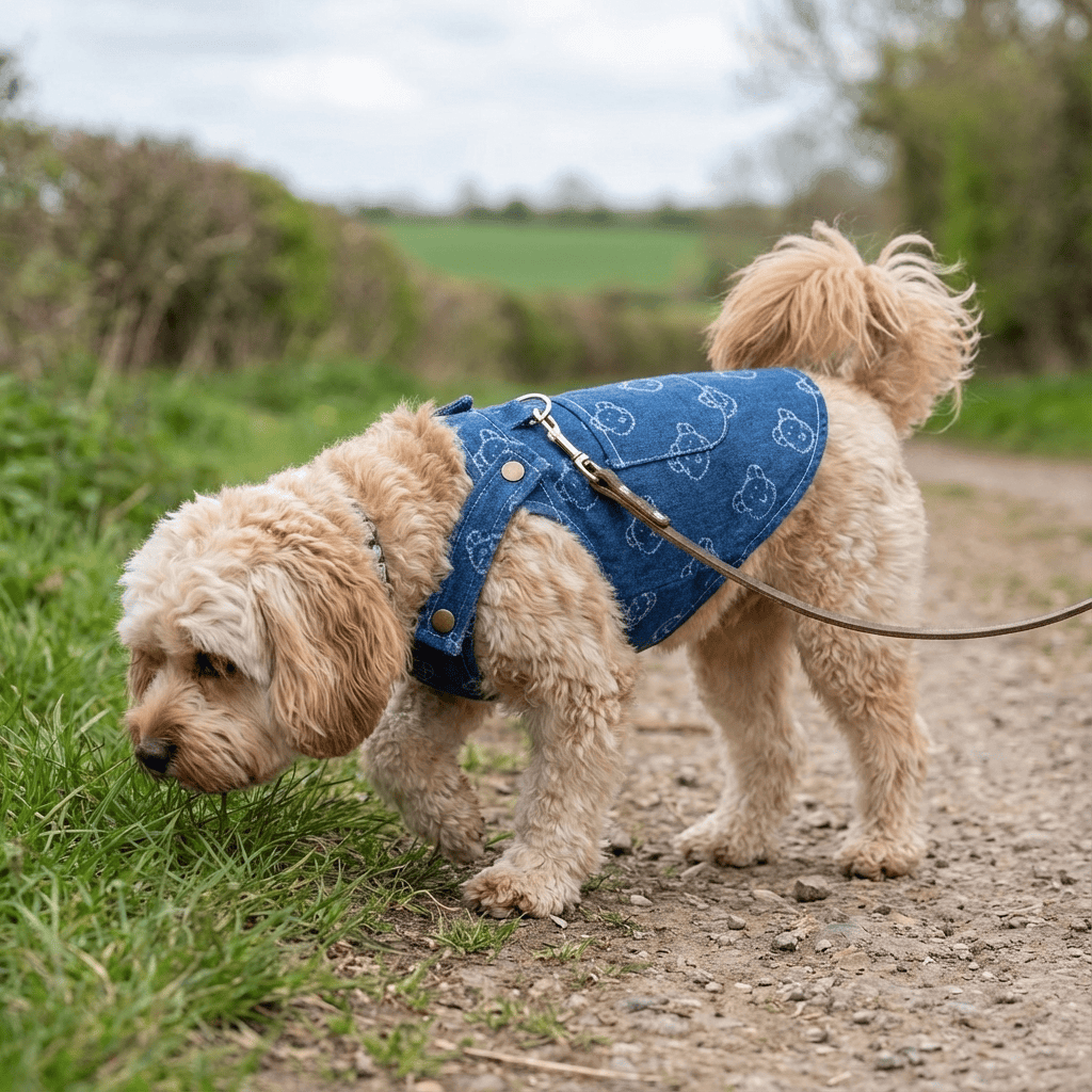 Small dog wearing a Denim Princess Dog Dress from Dogs & Cats brand, perfect for spring walks.