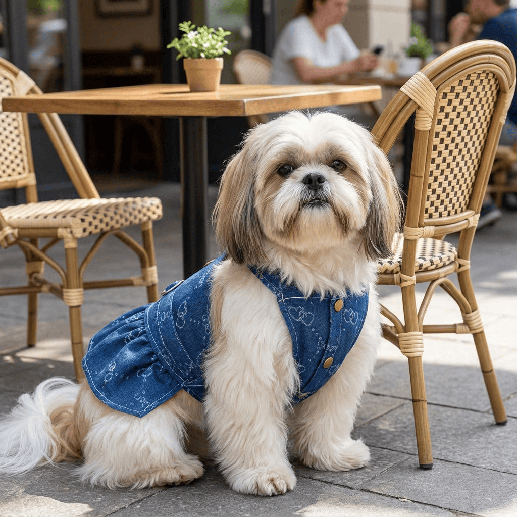 Small dog wearing Denim Princess Dog Dress outside, showcasing elegance and charm in a cute denim outfit by Dogs & Cats.