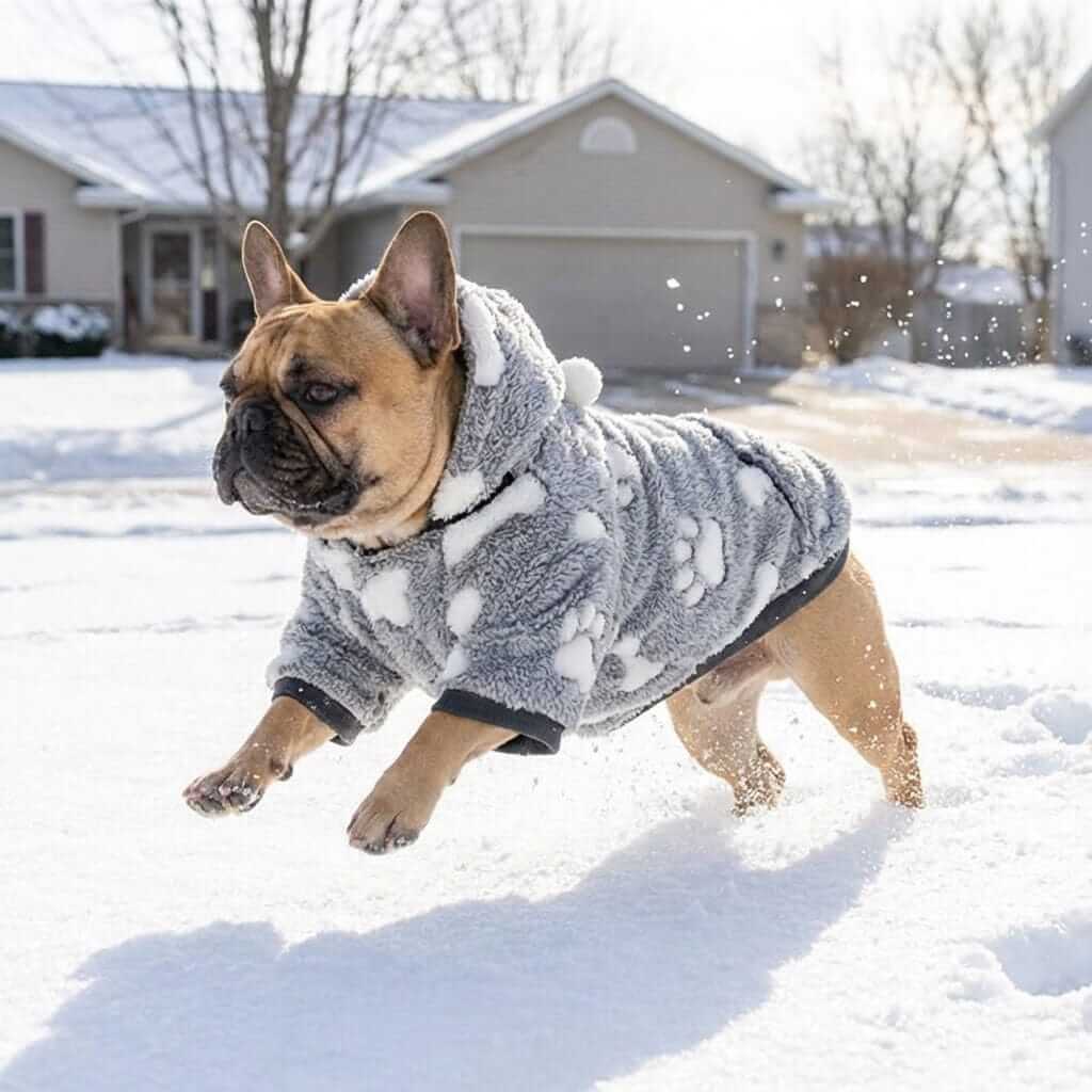 Detachable Double-sided Dog Winter Coat on a French Bulldog playing in the snow, stylish and warm, by Dogs & Cats.