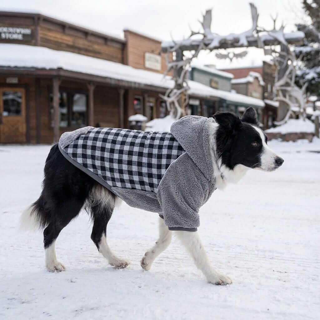 Detachable Double-sided Dog Winter Coat on a Border Collie, featuring hooded neckline and soft fabric, perfect for winter.