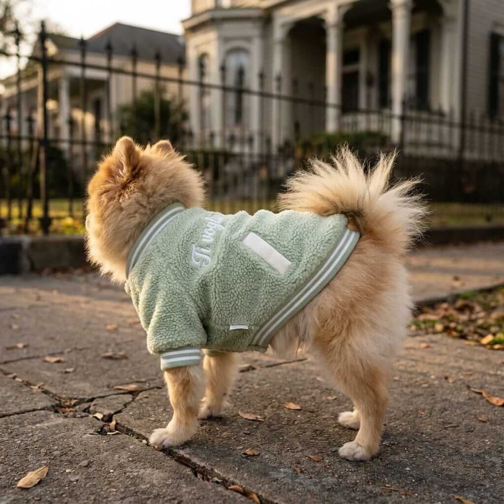 Dog Cashmere Coat on a fluffy Pomeranian, showcasing lightweight warmth and cozy fit. Perfect for stylish dog walks.