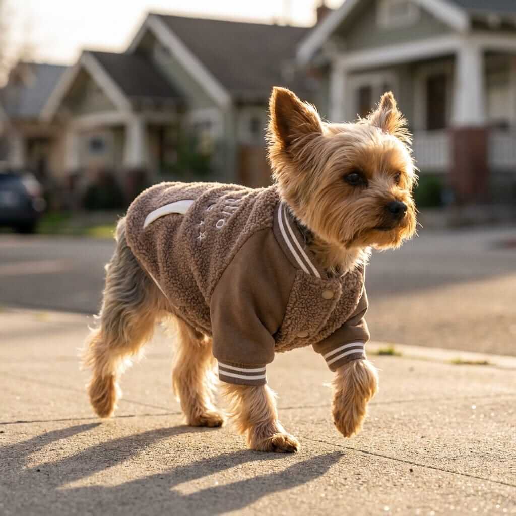 Dog Cashmere Coat on a small dog walking in the park, featuring lightweight warmth and breathability, by Dogs & Cats.