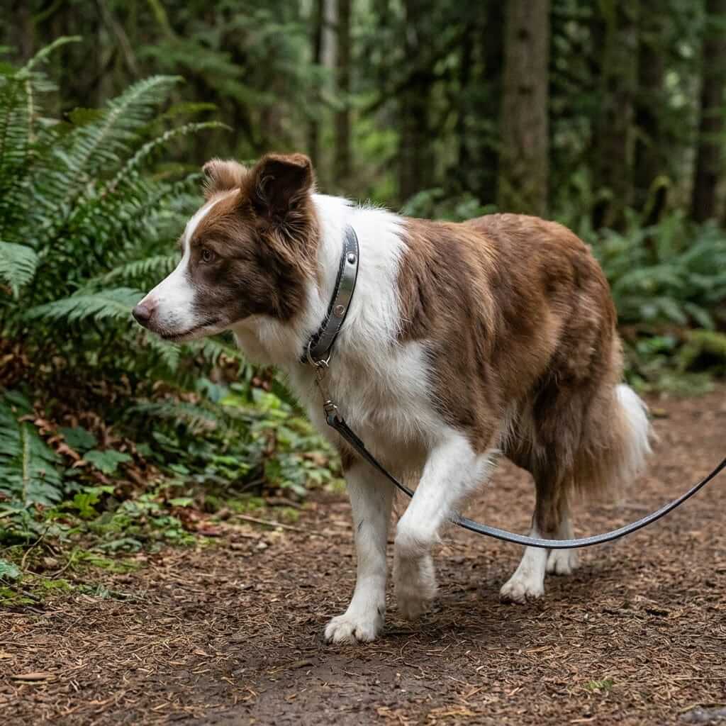 Dog Collar with Stainless Steel Nameplate on a Border Collie walking in a forest with lush greenery, showing comfort and style.