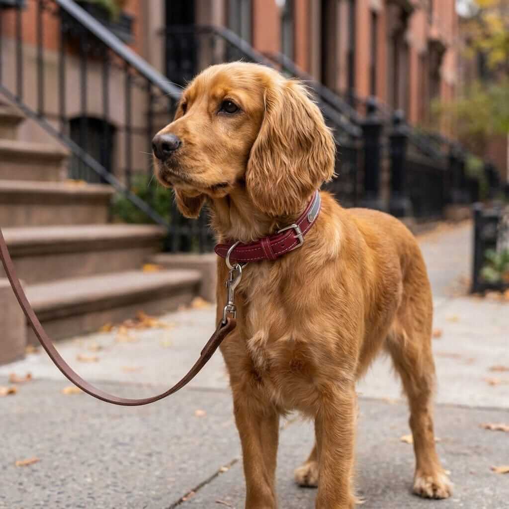 Dog Collar with Stainless Steel Nameplate on a golden retriever during a walk in the city.
