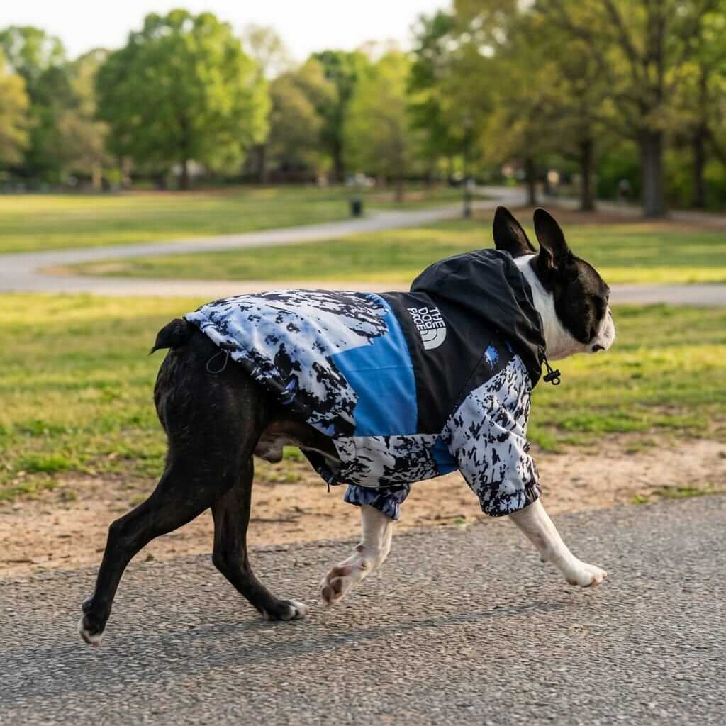 Dog Face Windproof Jacket on a dog walking in the park, showcasing stylish design and snug fit for Dogs & Cats.