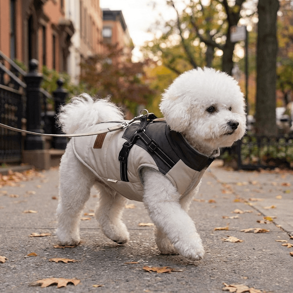 Dog Jacket with Harness on a fluffy white dog, waterproof and warm, perfect for dogs and cats.