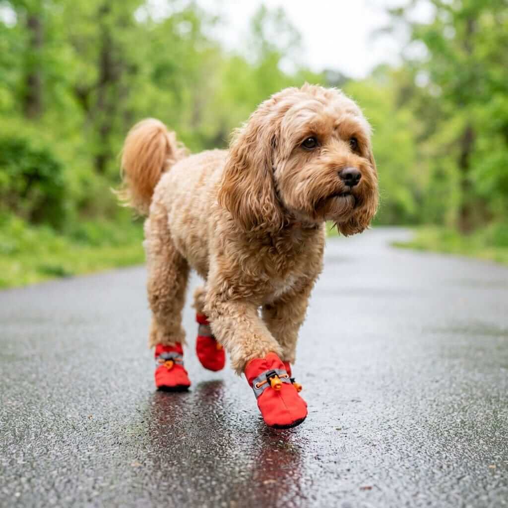 Dog Soft Bottom Rain Boots on a playful dog walking on a wet path, featuring a high-quality design for comfort and protection.