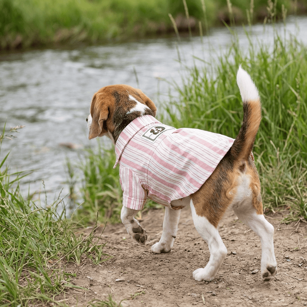 Dog Striped Pet Shirt for Dogs & Cats, featuring step-in design and leash hole, perfect for outdoor fun.