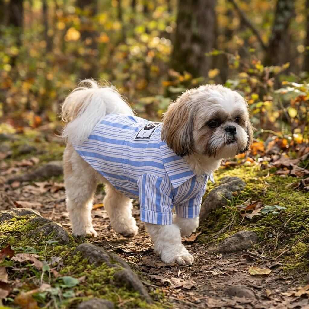 Dog Striped Pet Shirt on a dog walking in the woods, featuring easy step-in design and adjustable fit.