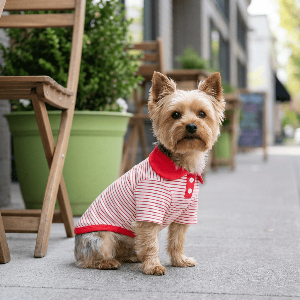 Dog Striped T-shirt worn by a stylish Yorkshire Terrier, featuring stripes, turn-down collar, and short sleeves.