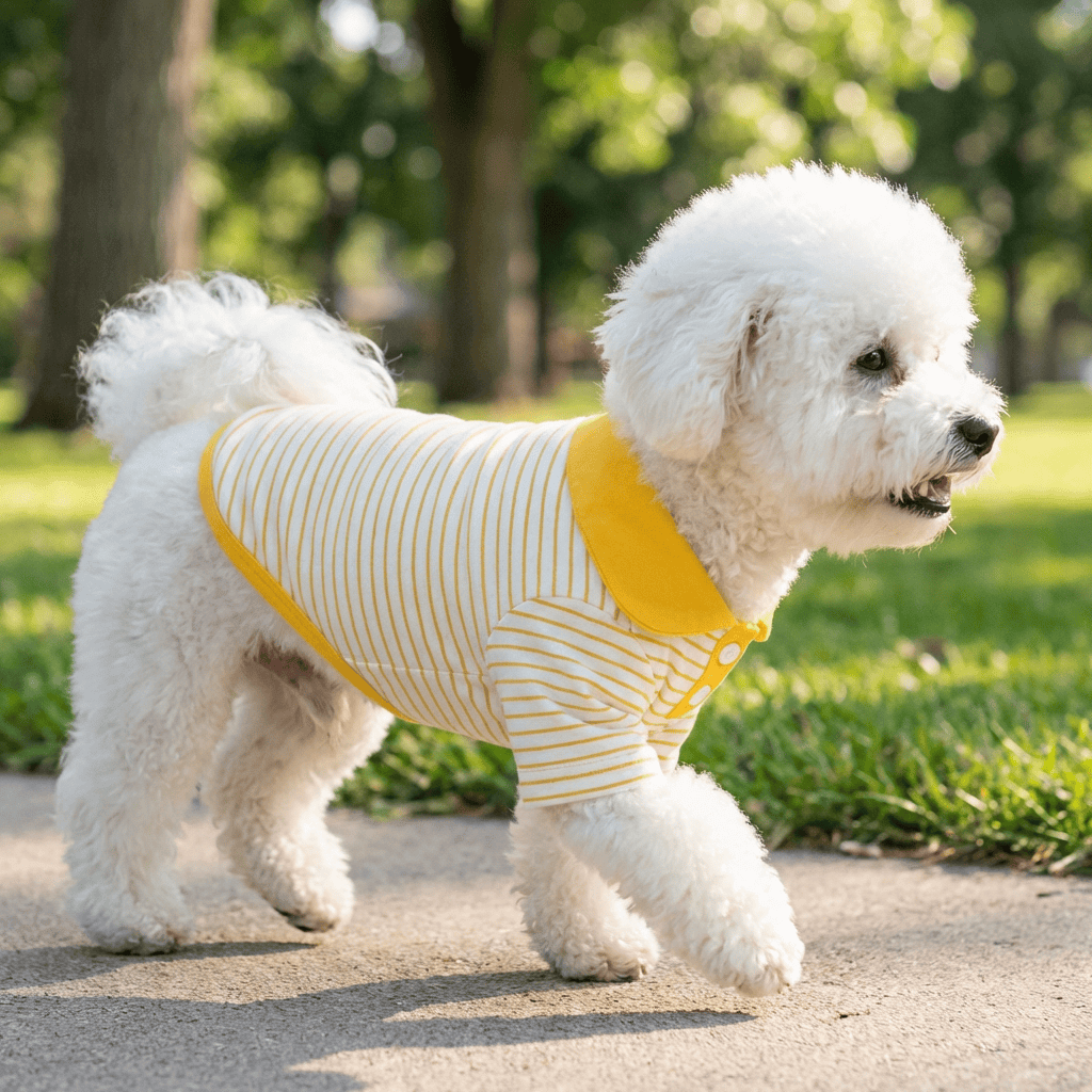 Dog Striped T-shirt for dogs, stylish yellow and white striped design, turn-down collar, ideal for Dogs & Cats brand.