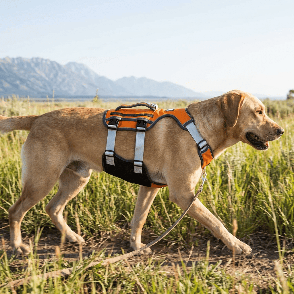 Dog Thoracolumbar Harness on a Labrador, comfortable, breathable mesh, perfect fit for dogs and cats, Dogs & Cats brand.