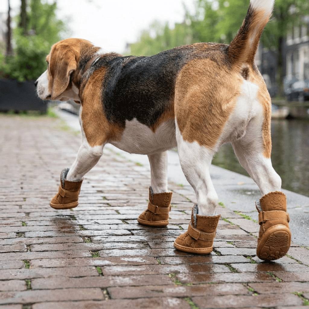 Dog Warm Teddy Boots on a beagle, water-resistant anti-slip sole, perfect for dogs & cats.
