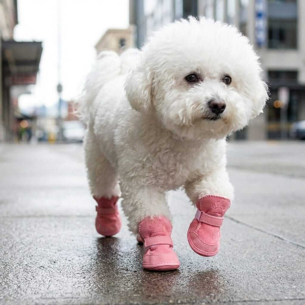 Dog Warm Teddy Boots on a white dog, featuring water-resistant and anti-slip soles for protection.