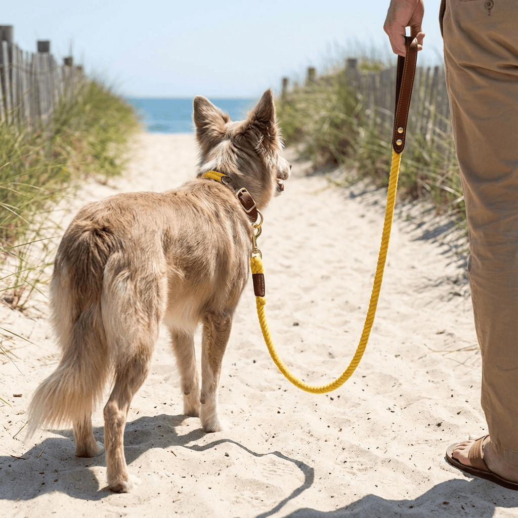 A dog wearing the EleganceBound Collar Set walks on a sandy beach path with a stylish yellow leash.