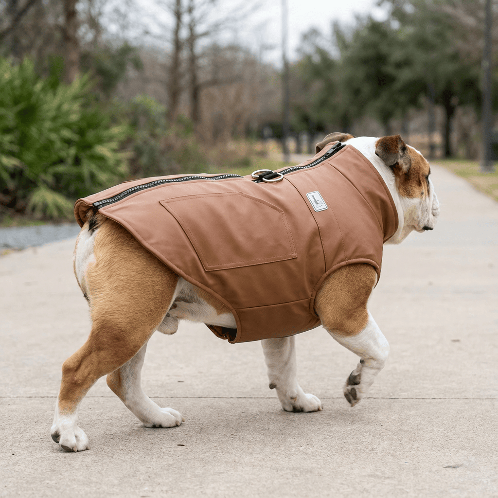 Leather Dog Vest on a dog walking outdoors, featuring a stylish water-resistant shell that combines function and fashion.
